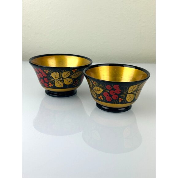 Vintage USSR Russian Wooden Lacquered Small Bowls Set of 2 Red Berries Gold Blck - Picture 14 of 16